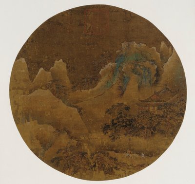 Dağ manzarası: sarp kayalıklar, tapınak ve çamlar by Unknown artist