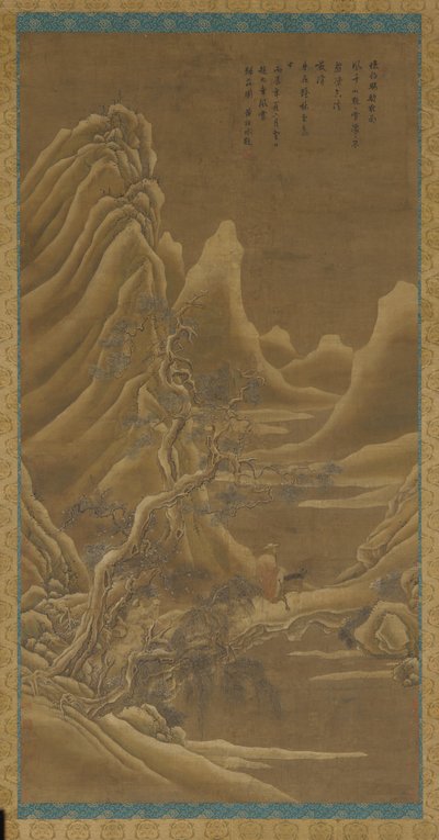 Dağlar, nehir ve çamlar - eşeğin üzerinde bir adam by Unknown artist