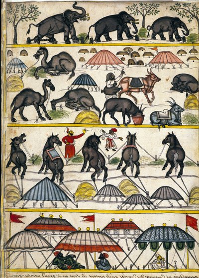 Babür askeri kampı. Stefano Nivibus Cardeira'nın “Mogol Tarihi” (Moğol veya Moğol) el yazmasından (ms.8300) sayfa. 18. yüzyıl. Bibloteca marciana, Venedik by Unknown artist