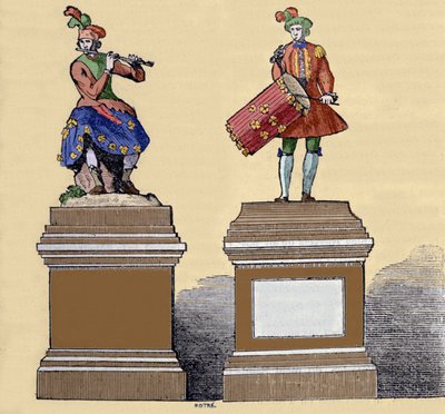 Müzisyenler otomatları: “” Traversiere flüt çalar”” (1737) ve “” Tef çalar” (1738). Fransız mühendis Jacques de Vaucanson (1709-1782) tarafından yapılmıştır. by Unknown artist