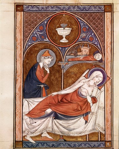 Doğuş: Meryem Ana burada bir yatakta yatarken tasvir edilmiştir “” Psalterium Cum Calendario” el yazmasından alınan sayfa 13. yüzyıl Padua, ilahiyat fakültesi bibliotheque by Unknown artist