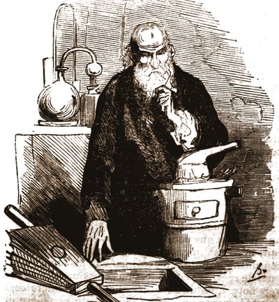 Nicolas Flamel (1330 - 1418) laboratuvarında. by Unknown artist