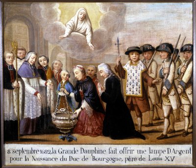 8 Eylül 1682'de, büyük yunus Burgonya Dükü'nün (Louis de France) doğumu için gümüş bir lamba sundu. by Unknown artist