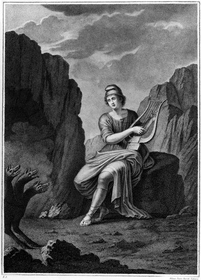Yeraltı Dünyasının Girişinde Orpheus, Cerberus ile tanışır. Litografi. 19. yüzyıl by Unknown artist