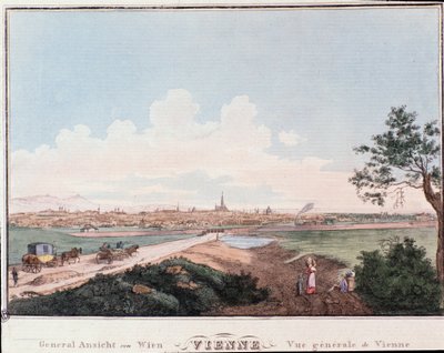 Tuna Nehri'ni geçen köprü ile Viyana şehrine genel bakış. Avusturya Gravür 1830 Özel Koleksiyonundan by Unknown artist