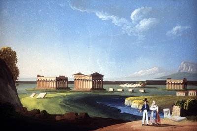 Paestum tapınaklarını betimleyen tablo, şimdiki Capaccio. by Unknown artist
