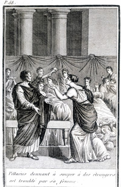 Yabancılara yemek veren Pillacus, karısı tarafından rahatsız edilir. by Unknown artist