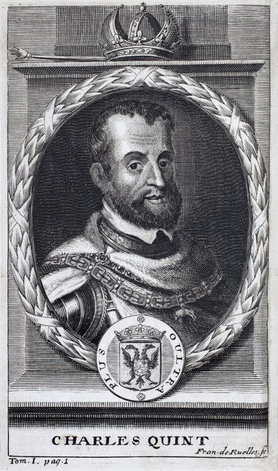 Charles V (1500-1558), İspanya Kralı ve İspanyol Amerika, Sicilya Kralı ve Kutsal Roma İmparatorluğu Cermen İmparatoru (1519-1556) portresi. “Flanders Savaşı Tarihi”ni göstermek için gravür, Flamianus Strada, baskı Joseph T