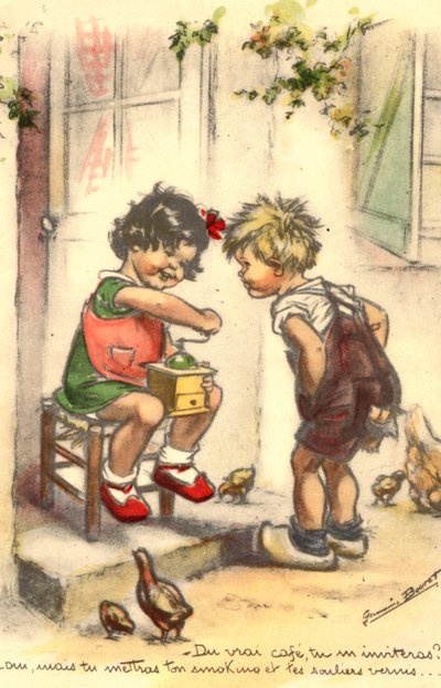 Kartpostal, Kitsch, kahve değirmeni olan iki çocuk, kız ve erkek by Unknown artist