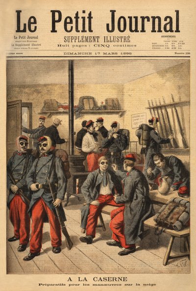Karda manevralara hazırlanan askerler, dumanlı gözlüklü gözlük takmak yerine siyah isle çevrili. “” Le petit Journal” da gravür 17/03/1895. Selva