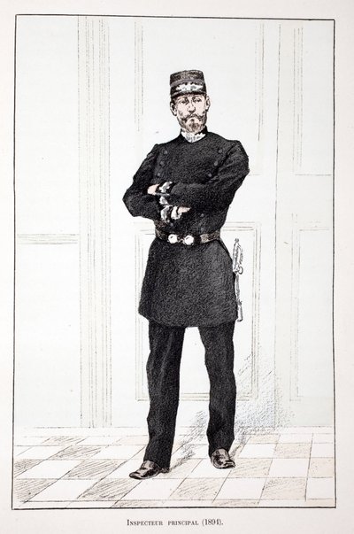 Baş Müfettiş (1894). Renklerle gravür, illüstrasyon için, Seine polisi Louis Lepine (1846-1933) himayesinde, Alfred Rey (1864-?) ve Louis Feron (1862) tarafından yayınlanan “Barış Gücü Kolordu Tarihi”” kitabı -?) by Unknown artist