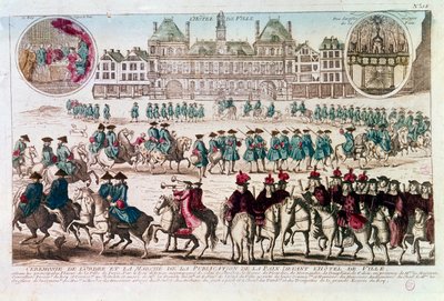 Belediye Binası (Place de Greve) önünde Barış Yayını Töreni vesilesiyle geçit töreni. 18. yüzyılın gravürü B.N. Paris by Unknown artist