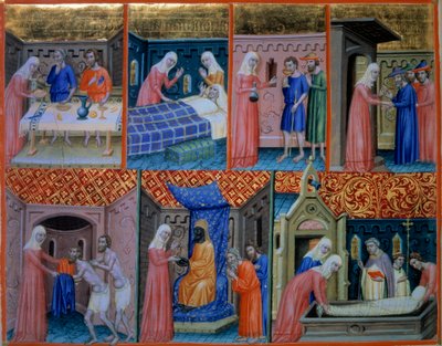 Mezmur 88: Hayırseverlik. Sofrada iki fakire hizmet eden, hastayı ziyaret eden, iki esiri içen, yolcuları karşılayan, elbise veren, esir satın alan ve ölüyü gömen kadın. Minyatür “” Psalter of Canterbury” (f.156v), v.1200-1250. BN, by Unknown artist