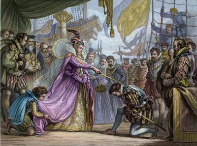 Kraliçe I. Elizabeth (1530-1603) Francis Drake şövalyesi (1540-96) - Francis Drake tarafından Yumuşatma (1540-1596) by Unknown artist