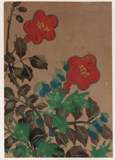 Kırmızı ve mavi çiçekler ve yapraklar by Unknown artist