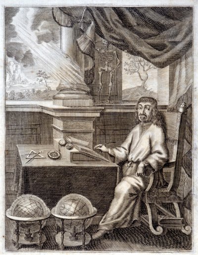 René Descartes (1596 - 1650) bilimsel ekipmanla ofisinde. 17. yüzyılın gravürü. by Unknown artist