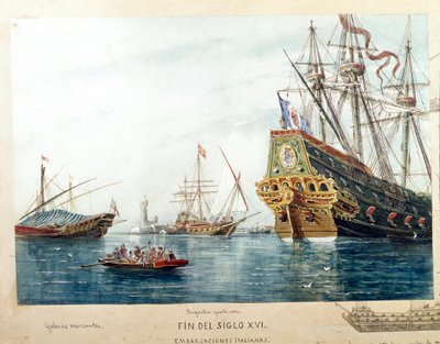 16. yüzyılın İtalyan gemileri, galerileri, brigantine temsili (Suluboya by Unknown artist
