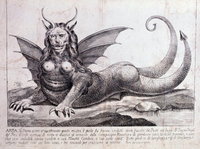 Peru gölünde bulunan bir canavar, harpy temsili: bir insan yüzü, boynuzları, ejderha kanatları, bir aslan yelesi, bir sürüngen gövdesi, bir kadının göğüsleri var (baskı 1784) by Unknown artist