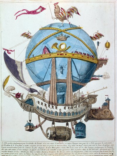Bir balondaki yolculuğun temsili, 18. yüzyılın hicivli gravürü. by Unknown artist