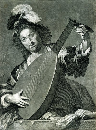 Enstrümanını akort eden bir ud oyuncusunun temsili. by Unknown artist