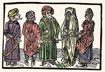 Karabuğday temsili. Kolları birbirine dolanmış kafalı erkekler ve peçeli kadınlar. 15. yüzyılın ksilografisi by Unknown artist
