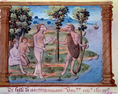 İnsan vücudu ve köpek başlı canavar yaratıkların temsili. “Tatarlar olarak adlandırdığımız Moğolların Tarihi, geleneklerin, coğrafyanın, tarihin ve Moğol halkının önde gelen şahsiyetlerinin tarifi” nden alınan minyatür, Frangı