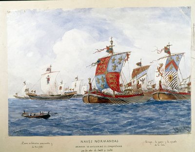 11. yüzyılda Fatih William filosunun temsili, savaş gemileri, ticaret, yolcu taşımacılığı (Suluboya by Unknown artist