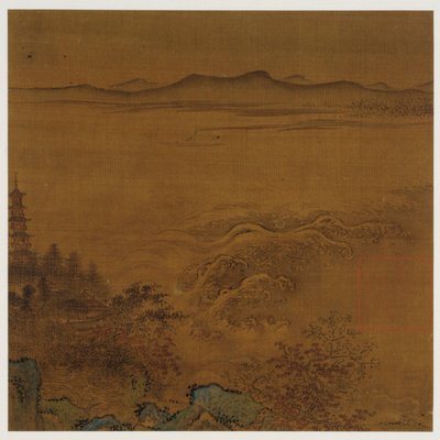 Nehir manzarası: bir pagoda, köpüren akarsular, uzak tepeler by Unknown artist