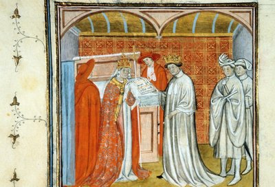 Robert II the Pious (yaklaşık 972-1031) - 14. yüzyılın sonlarında Orta Çağ “” Grands Chronicles of Saint-Denis “” velin üzerine el yazması aydınlatması (ref. 512 by Unknown artist