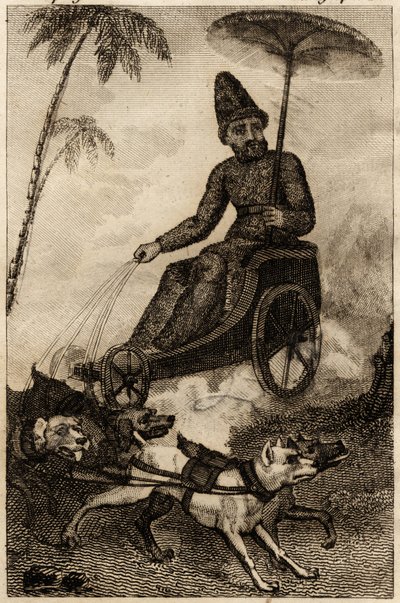 Robinson Crusoe, Daniel Defoe tarafından "Les aventures de Robinson Crusoe"ya yerleştirilmiş gravür, altı dogue tarafından at arabası treninde by Unknown artist