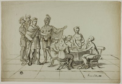 Roma İmparatoru Masada Oturan Bir Kadın Grubuna Yaklaşıyor by Unknown artist