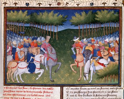 Danimarkalı Ogier tarafından Roman: "" Chronicle of Bertrand du Guesclin"den (Bayan 490) iki minyatür atlı arasındaki kavga 1405 Musee Conde, Chantilly by Unknown artist