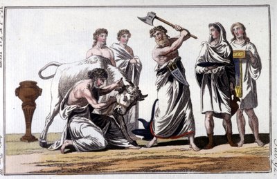 Keltler arasında bir boğa kurbanı. 19. yüzyıl gravürü. by Unknown artist