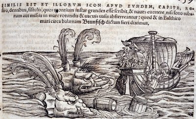 Denizciler, peşindeki canavarların dikkatini dağıtmak için denize varil atarlar. Conrad Gesner (1516-1565), Tiguri