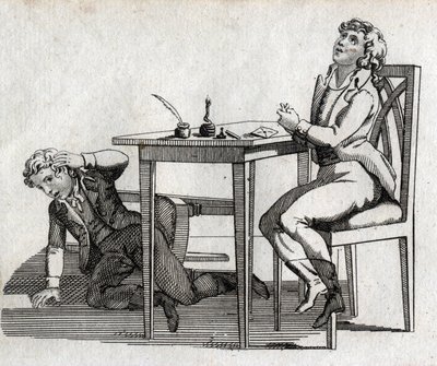 Okulların mürekkepli bir masası var. 18. yüzyılın sonlarında gravür. Özel koleksiyon. by Unknown artist