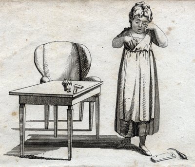 Kız öğrenci ödevini yapmak istiyor. 18. yüzyılın sonlarında gravür. Özel koleksiyon. by Unknown artist