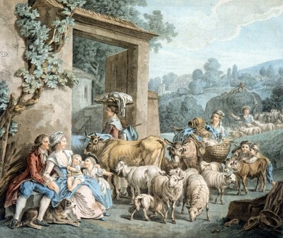 Çobanlar ve koyunlar bir çiftliğin önüne akın ediyor. by Unknown artist