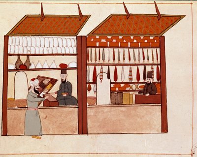 Konstantinopolis sokaklarında dükkanlar. Minyatür, 17. yüzyıldan (1671) bir orijinalden sonra 19. yüzyıla ait bir Cicogna el yazmasından (1828) alınmıştır. Venedik, Biblioteca Marciana by Unknown artist