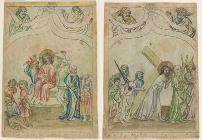 Bir "Biblia Pauperum"dan Tek Yaprak: Dikenlerle Taçlanan İsa (recto) Haçı Taşıyan İsa (verso) by Unknown artist