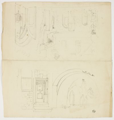 Kapı Girişi, Figürler, Kilisenin Yan Girişi ile Bina Eskizleri (recto); Kulenin Eskizi (verso) by Unknown artist