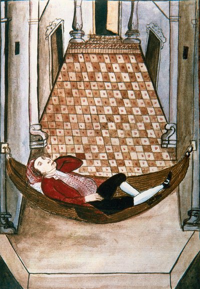 Baltazar Martinez Compañón y Bujanda, Trujillo piskoposu (1782-1785) tarafından yazılan "Trujillo del Peru" veya "Códice Martínez Compañón" kitabından zengin bir sarayın hamakta yatan uykulu İspanyol by Unknown artist