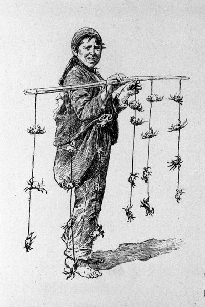 Küçük metier: yengeçlerin çocuk satıcısı. 19. yüzyılın Sicilya gravürü by Unknown artist