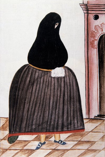 Yüzünü kaplayan bir şeyl giyen İspanyol kadın, "Trujillo del Peru" veya "Códice Martínez Compañón", Baltazar Martinez Compañón y Bujanda, Trujillo piskoposu (1782-1785) by Unknown artist