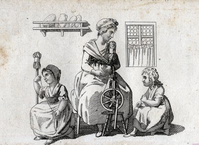 Eğirme: anne ve kızları yün eğirme. Kadın bir çıkrık kullanıyor ve kızı bir uzun kuyruk kullanıyor. 18. yüzyılın son gravürü. Özel koleksiyon. by Unknown artist