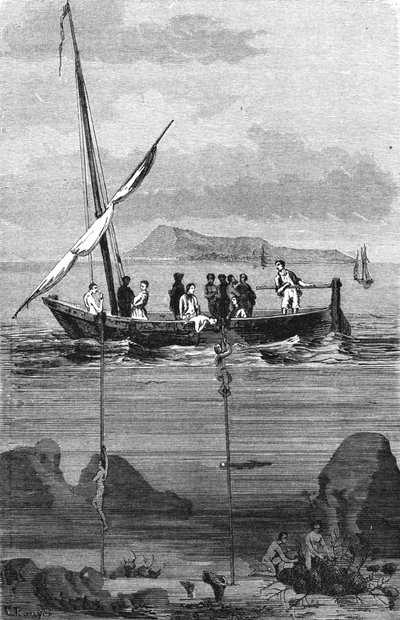 Suriye kıyılarında sünger balıkçılığı: dalgıçlar süngerleri elle toplamak için inerler. 19. yüzyıl gravürü by Unknown artist