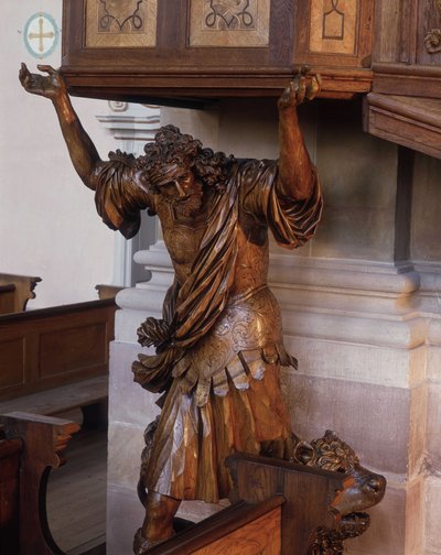 Ebersmunster, Alsace manastır kilisesinin minberi altında Samson heykeli by Unknown artist