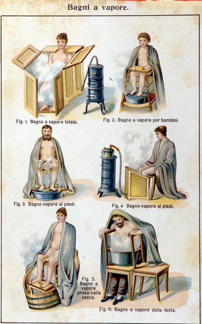 Buhar banyoları. 19. yüzyılın sonlarında “Bilz, doğal ilaç”ın İtalyanca çevirisi. by Unknown artist