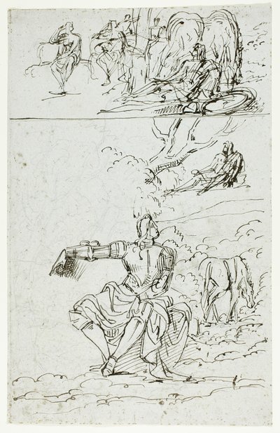 Oturan Şövalye ile Çalışma Sayfası (recto); Ortaçağ Kıyafetli Ayakta Duran Erkek Figürü (verso) by Unknown artist