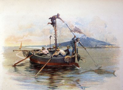 Sicilya'daki Messina Detroit'te kılıç balığı zıpkın balıkçılığı. Suluboya 1898 by Unknown artist