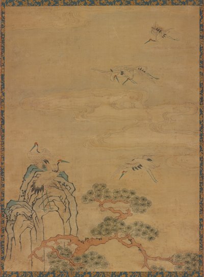 Vinçler, kayalar, çamlar ve bulutlar ile duvar halısı by Unknown artist